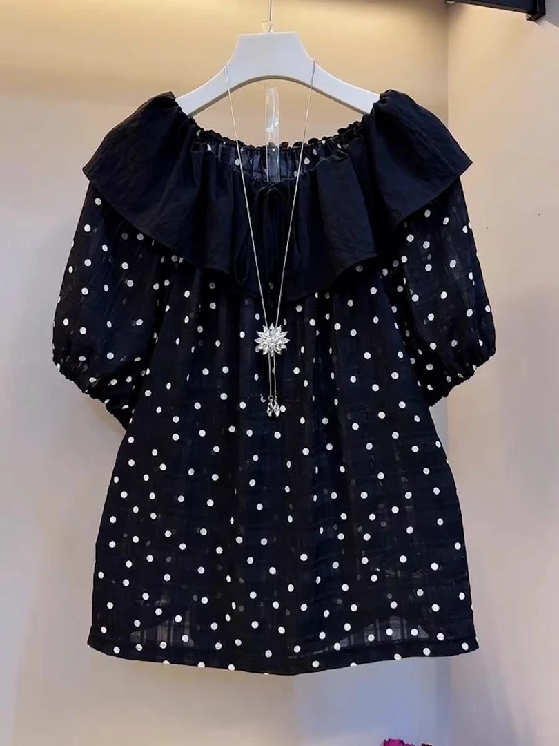 胖MM加肥遮肉显瘦短袖点点上衣法式女设计大码女装夏季款百搭上衣