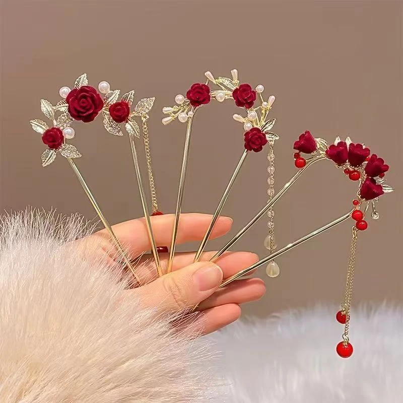 新款流苏发簪新娘玫瑰花发钗盘发簪子古风后脑勺中式汉服高级发饰