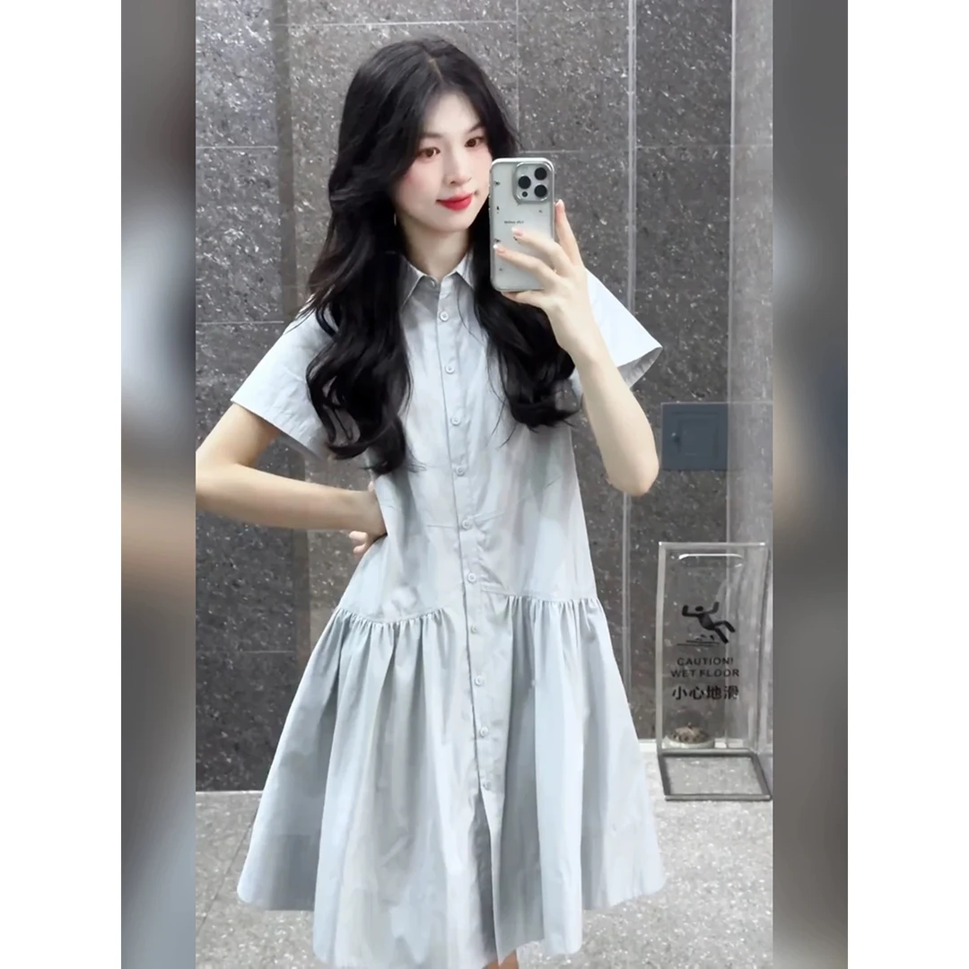 法式气质蓝色衬衫连衣裙女夏季2025新款小个子巨好看通勤收腰裙子