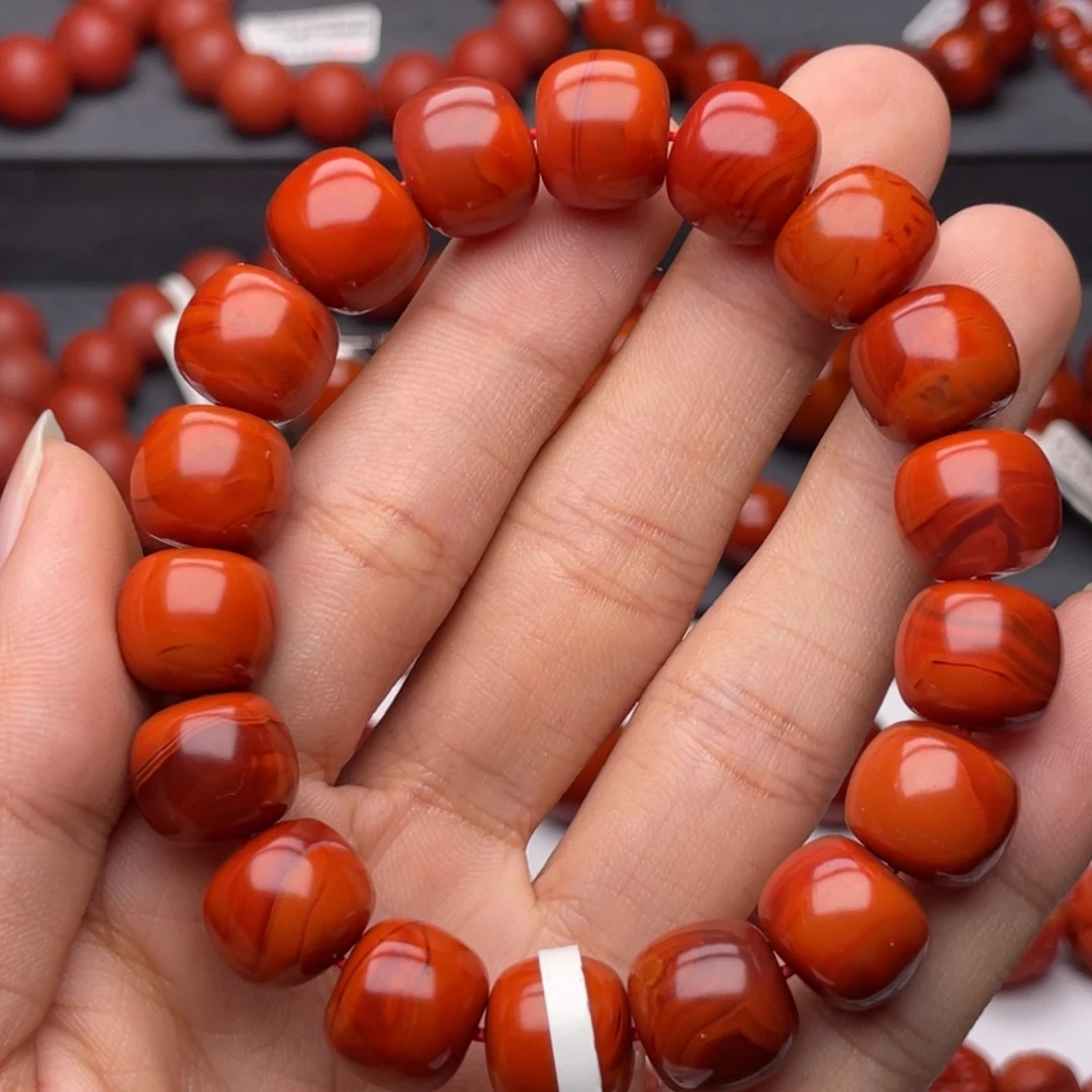 南红玛瑙未镶嵌手串H12.5mm收藏满肉柿子牛血红双色火焰老型手串
