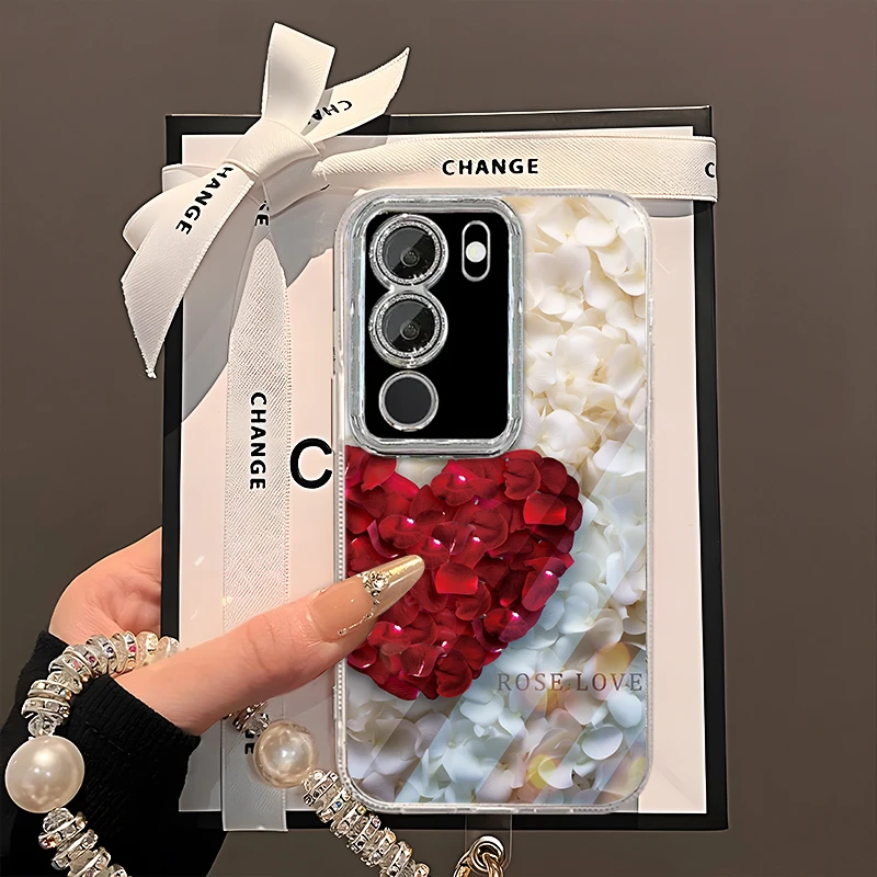 适用于【VIVO】S17/Pro/T红色爱心玫瑰花瓣时尚精孔羽纱手机壳