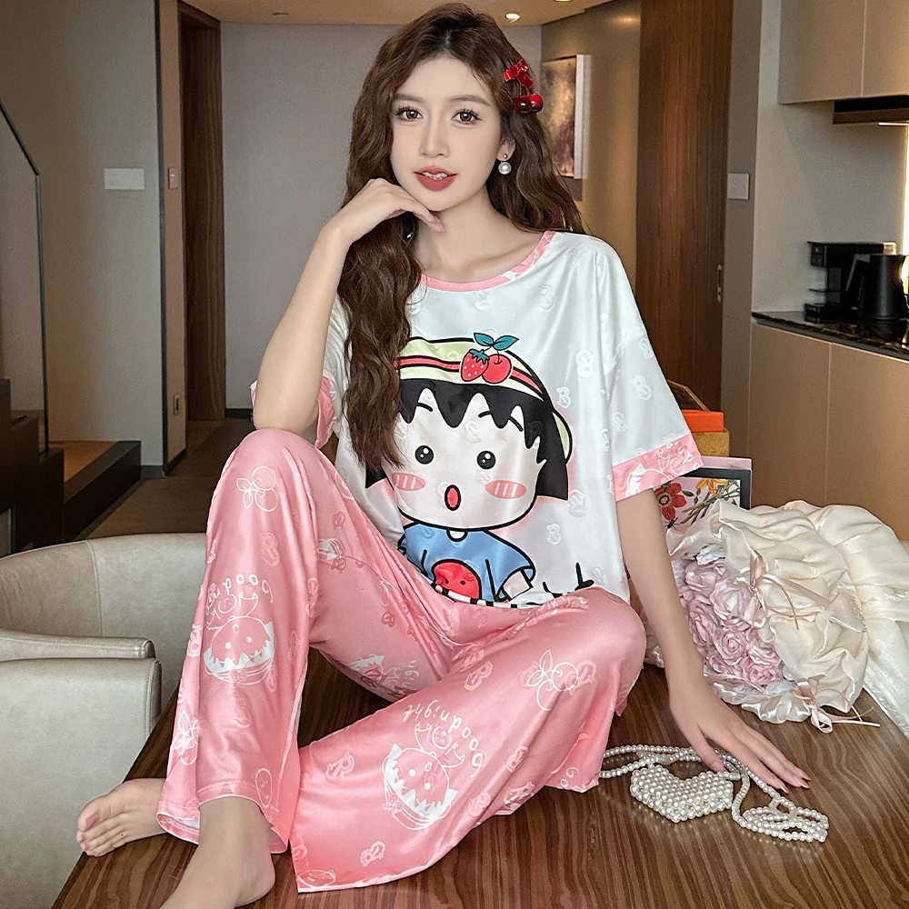 带胸垫夏季提花睡衣女短袖薄款三件套宽松卡通休闲家夏天居服套装