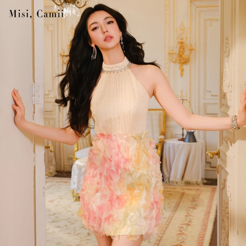 Misi,Camii2025年春夏新款女装烫钻立体花拼接连衣裙小众时尚设计
