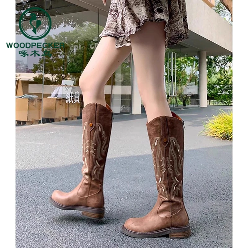 啄木鸟刺绣西部牛仔靴女英伦风长靴2025夏新款骑士靴春秋马丁单靴