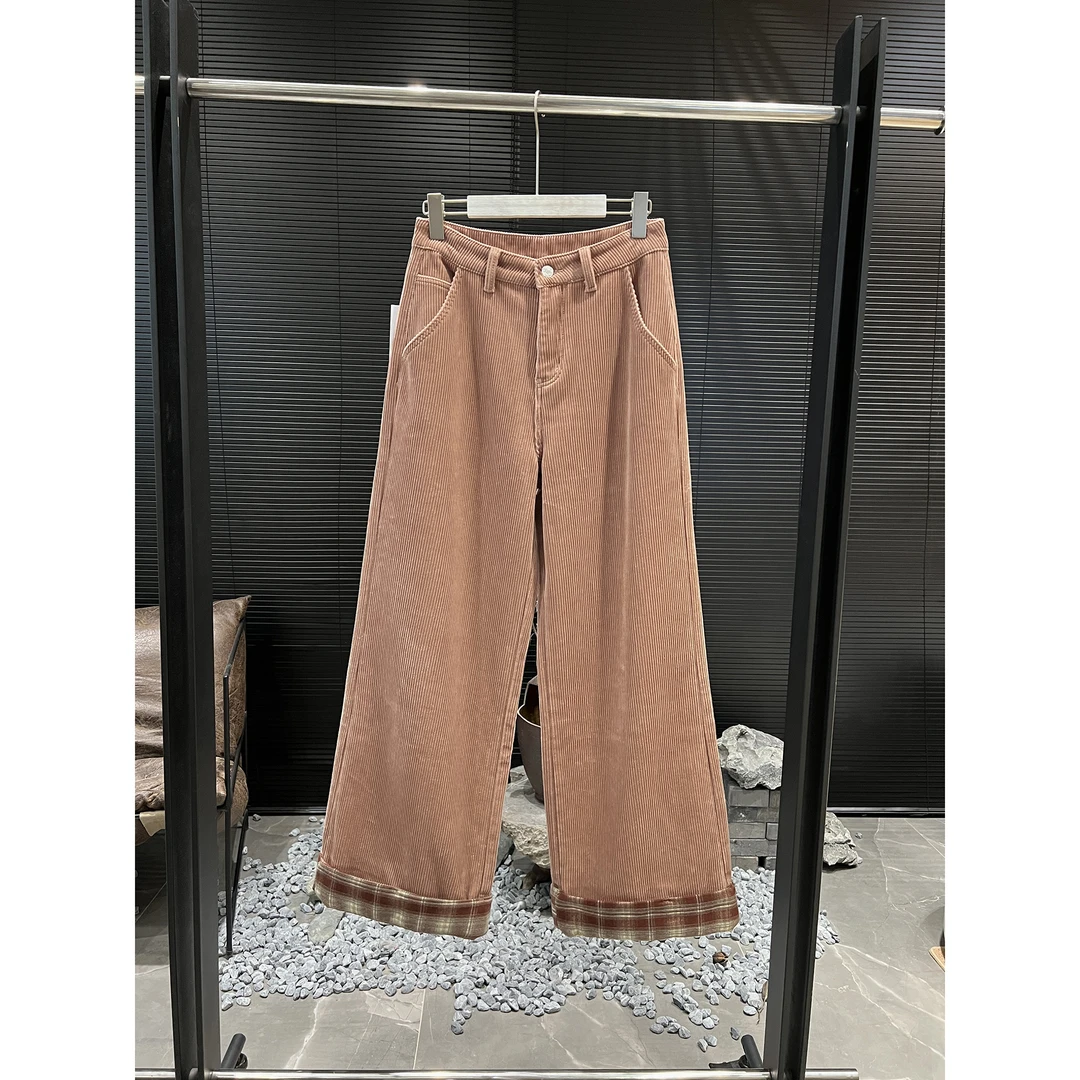 撞色格子边 灯芯绒加绒阔腿裤B168（清）