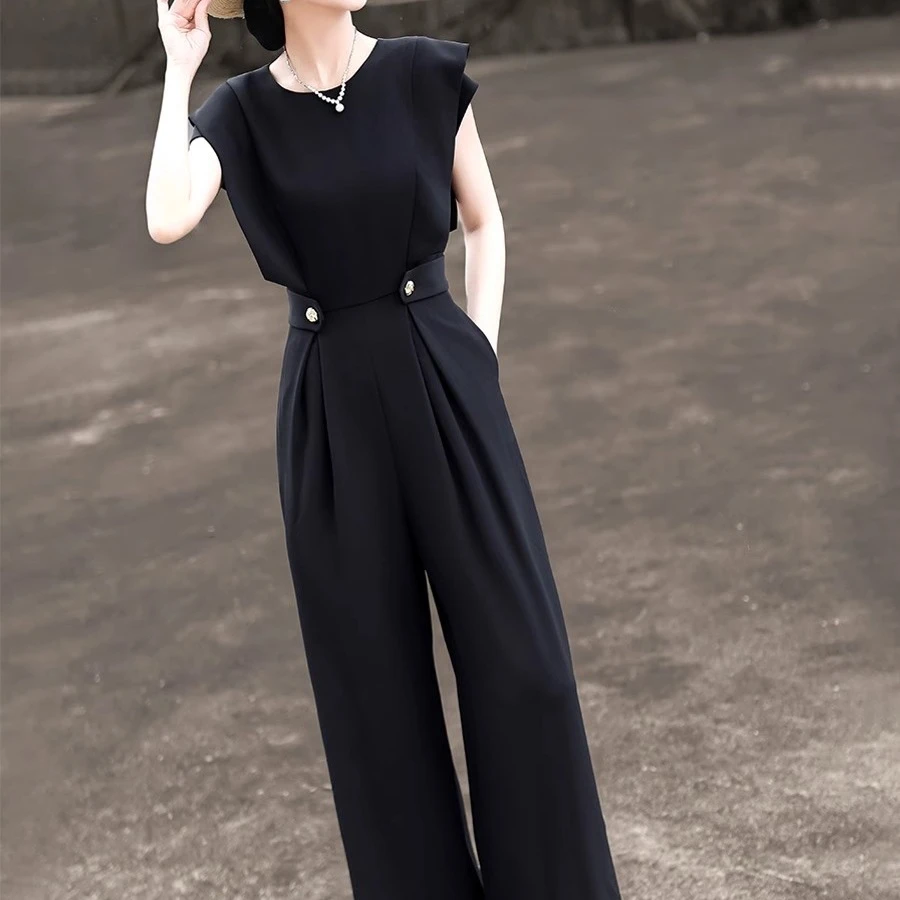 夏季新款气质时尚通勤感飞飞袖高腰显瘦垂感阔腿连体裤