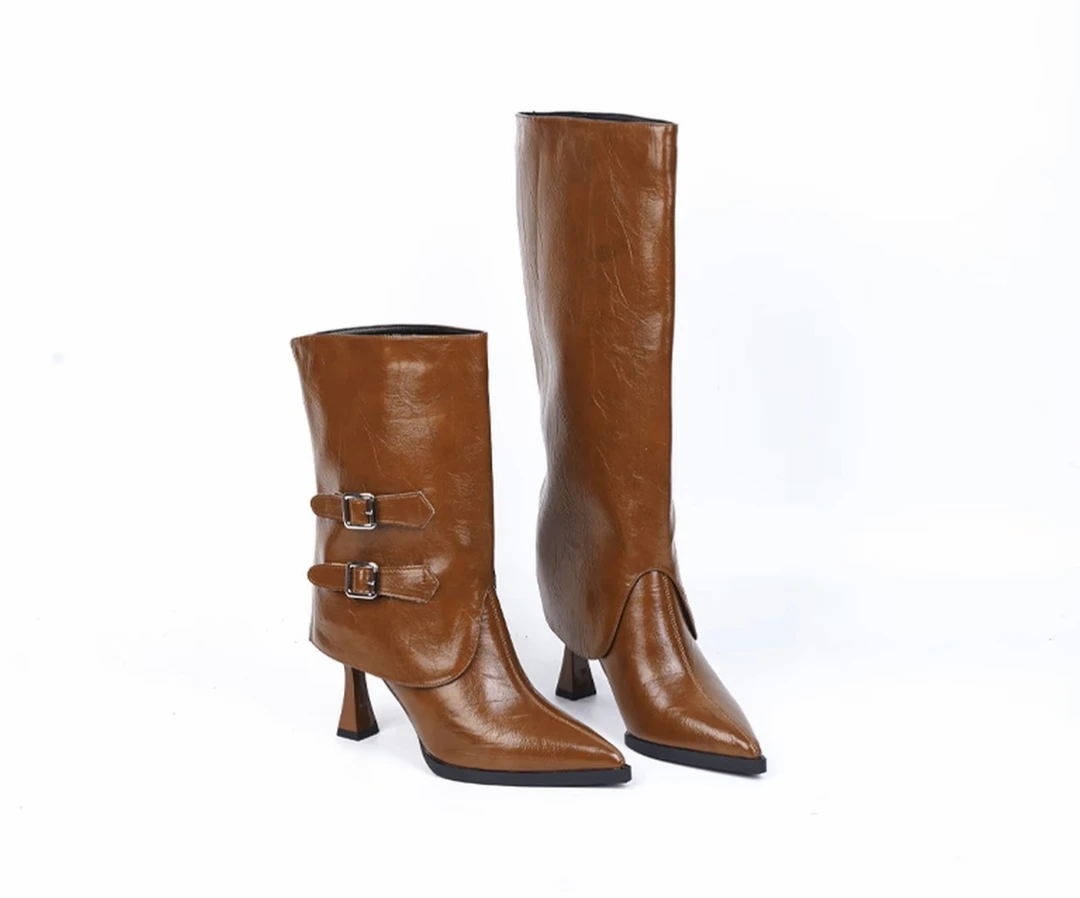 性感尖头细跟时装靴三件套高跟金属皮带扣中短靴气质百搭长靴套筒