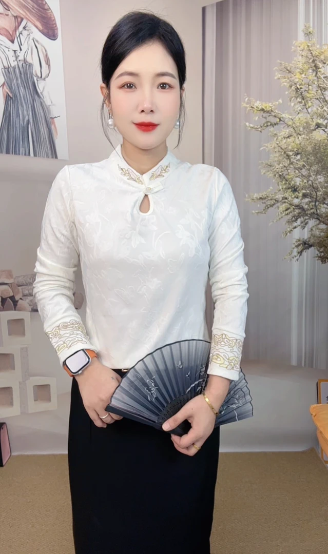 长袖纯色立领薄绒新中式提花上衣女装中国风时尚打底2532复古气质