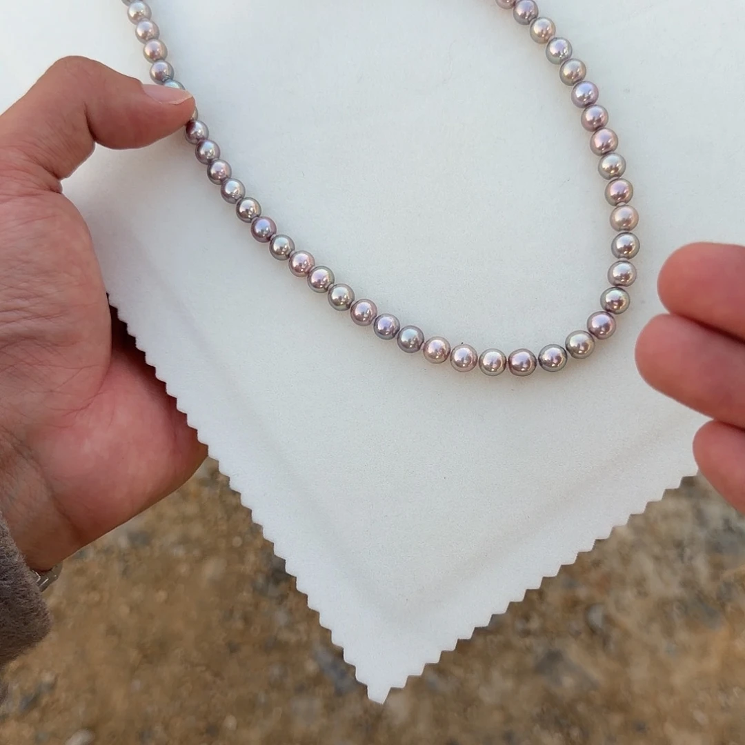 淡水珍珠颈饰银S925镶嵌6.5-7无核极光镜面正圆无暇混彩紫灰
