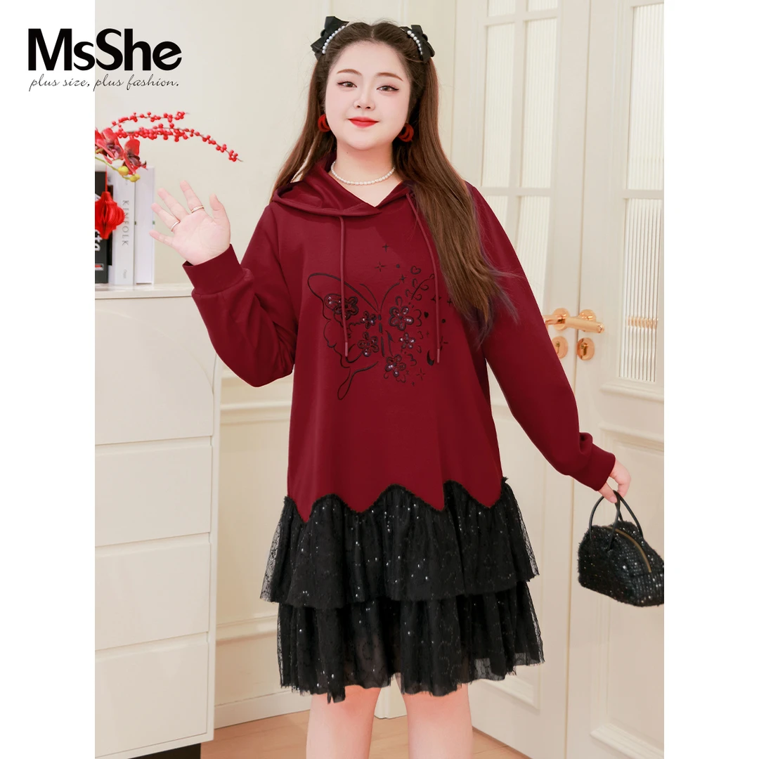 MsShe大码女装2025新款春装重工珠片蝴蝶刺绣连衣裙D~F2501005