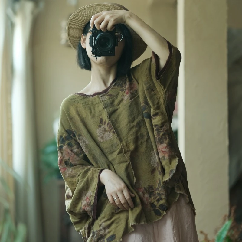 小泥姑娘复古文艺原创设计女装印花纯棉圆领毛边T恤上衣2053清芜