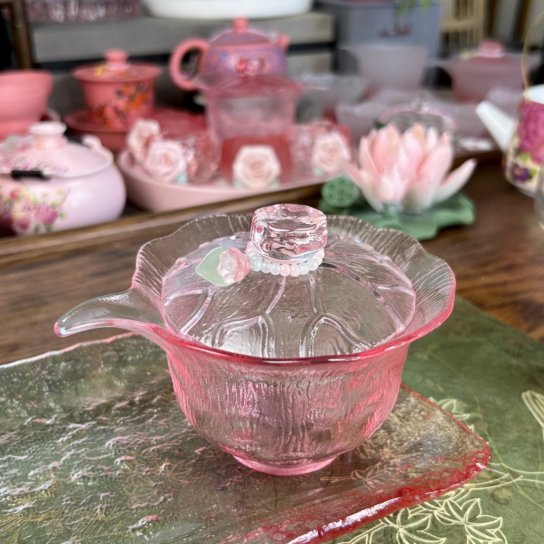 仙女手抓盖碗冰露粉色玻璃荷叶泡茶碗加厚高硼硅耐高温防烫泡茶碗