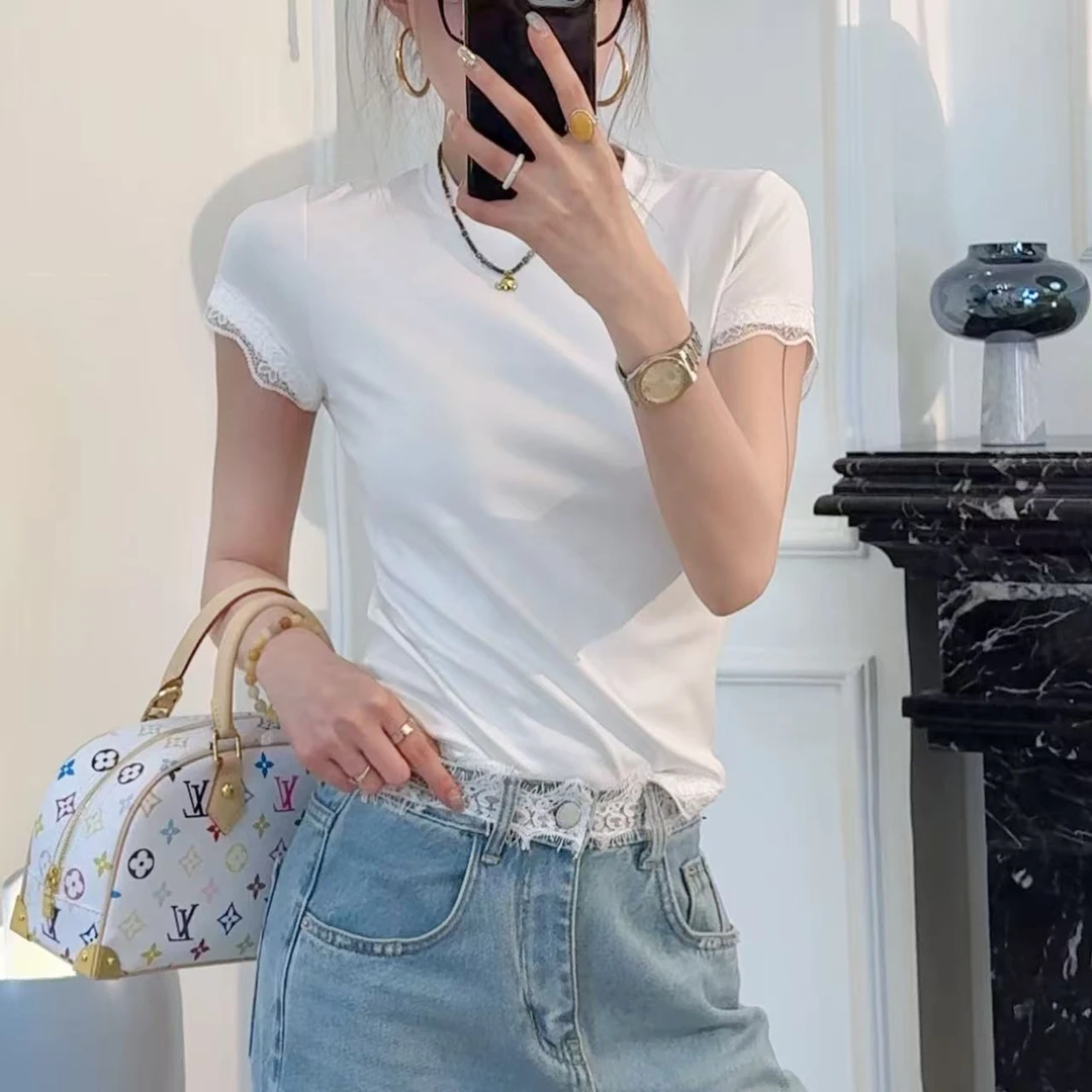 HNIH石艺2025春季新款蕾丝拼接打底衫设计感棉上衣HS8046短袖T恤