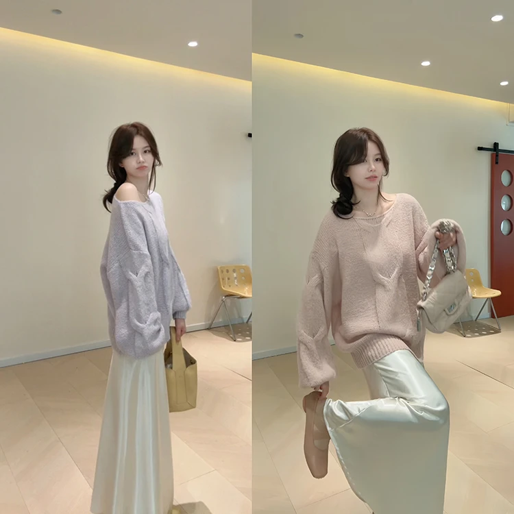 KA06可斜肩麻花宽松韩系温柔毛衣