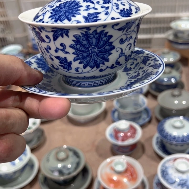 瓷片白青花缠枝莲元宝盖碗全品