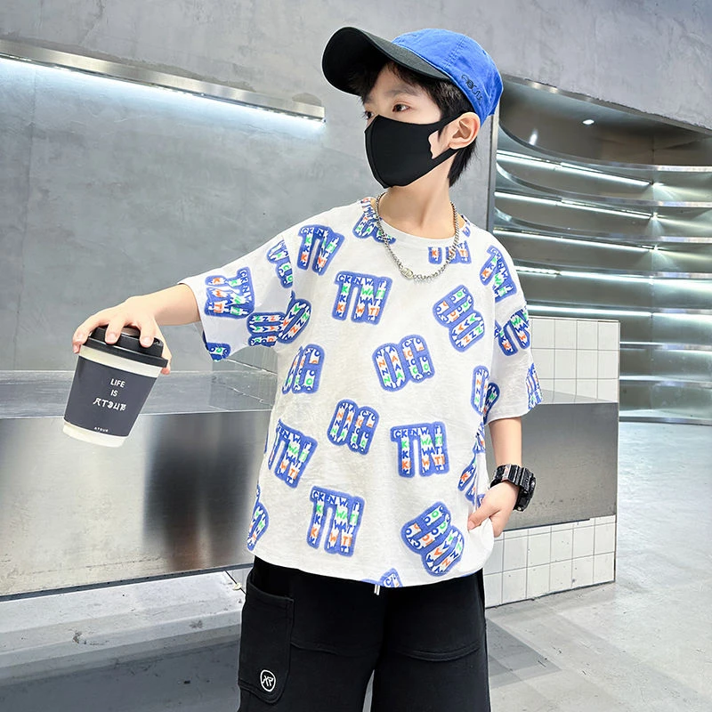 宽松男孩短袖棉质舒适七岁潮牌小孩时尚休闲童装上衣潮流儿童洋气