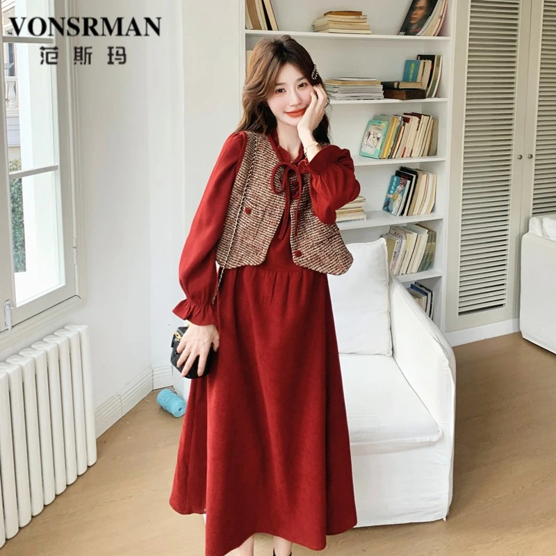 红色法式小香风马甲温柔风显瘦气质长裙新款长袖两件套连衣裙女春
