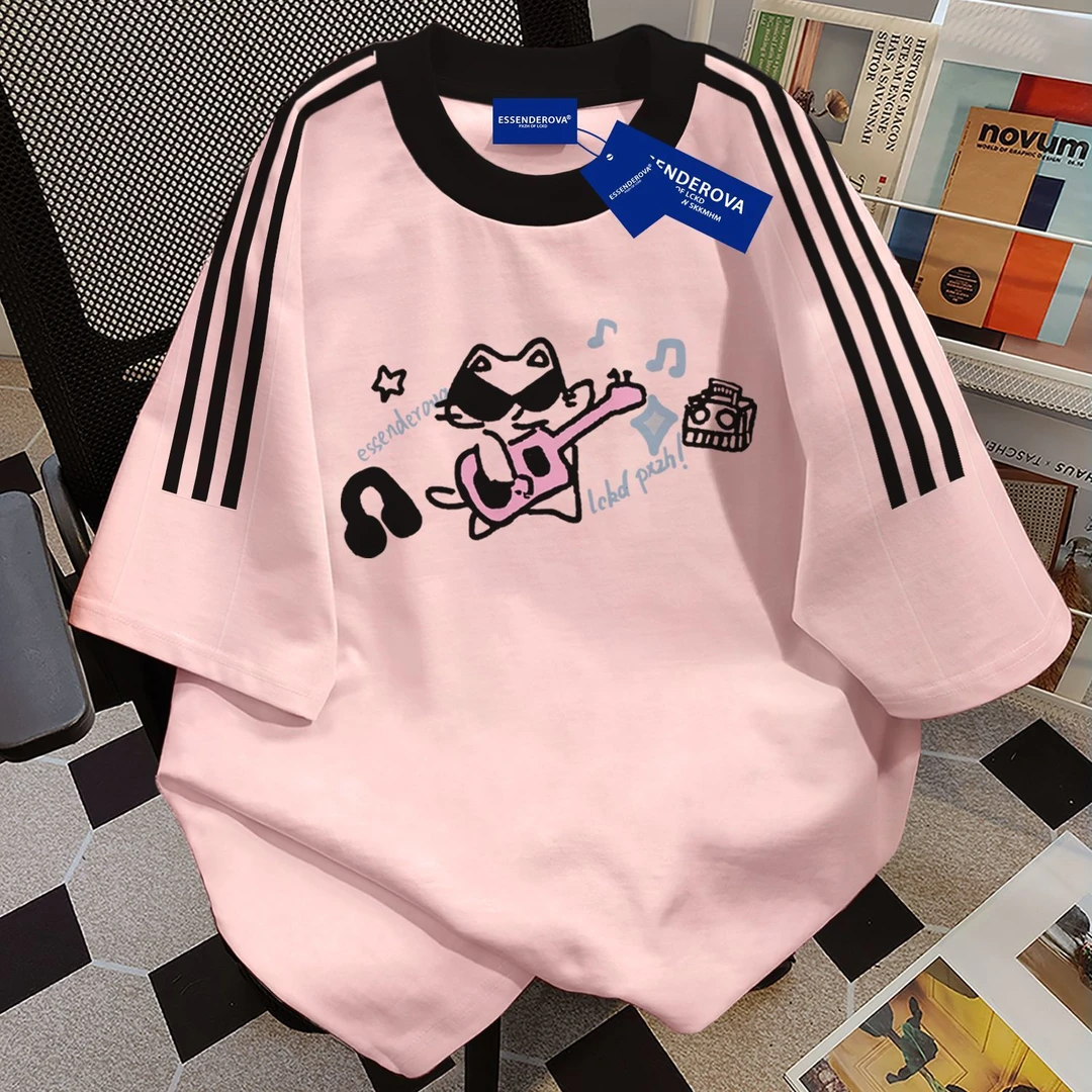 100%纯棉2025爆款欧美设计感韩版三条杠短袖t恤男女夏季休闲上衣