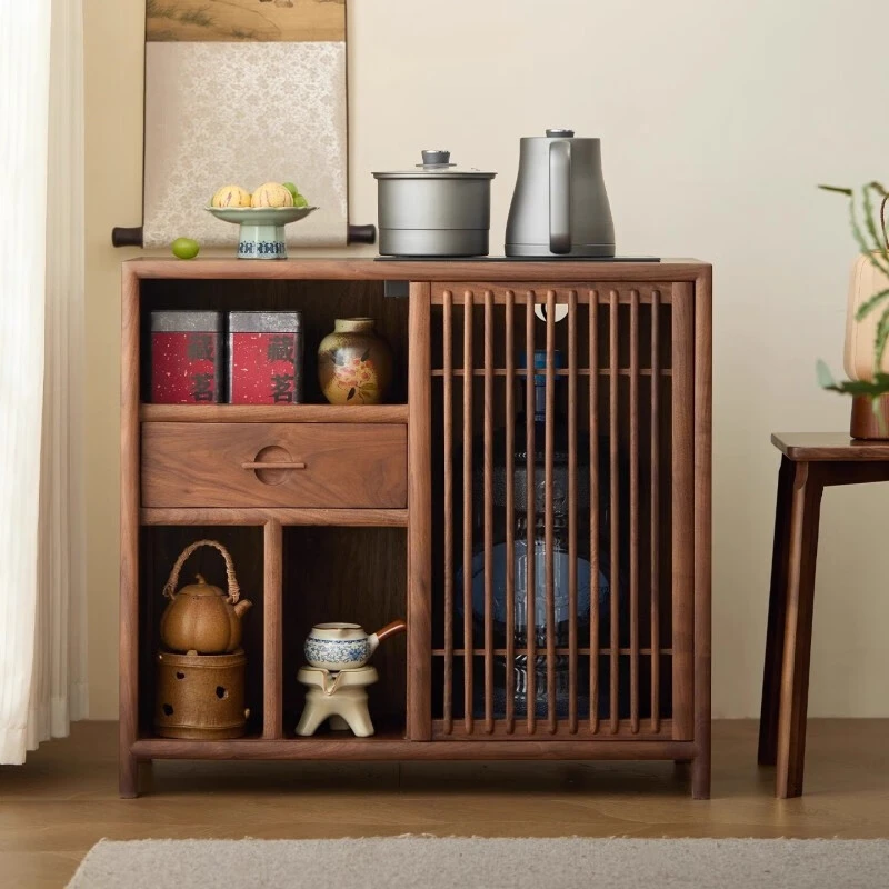 北美黑胡桃木茶水柜全实木茶边柜客厅茶室侧边烧水壶一体