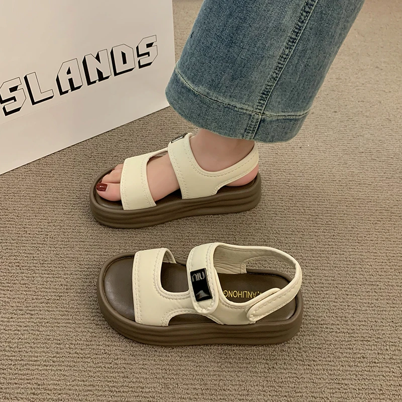 魔术贴厚底休闲凉鞋2025夏季爆款松糕学院风百搭轻便沙滩鞋学生鞋