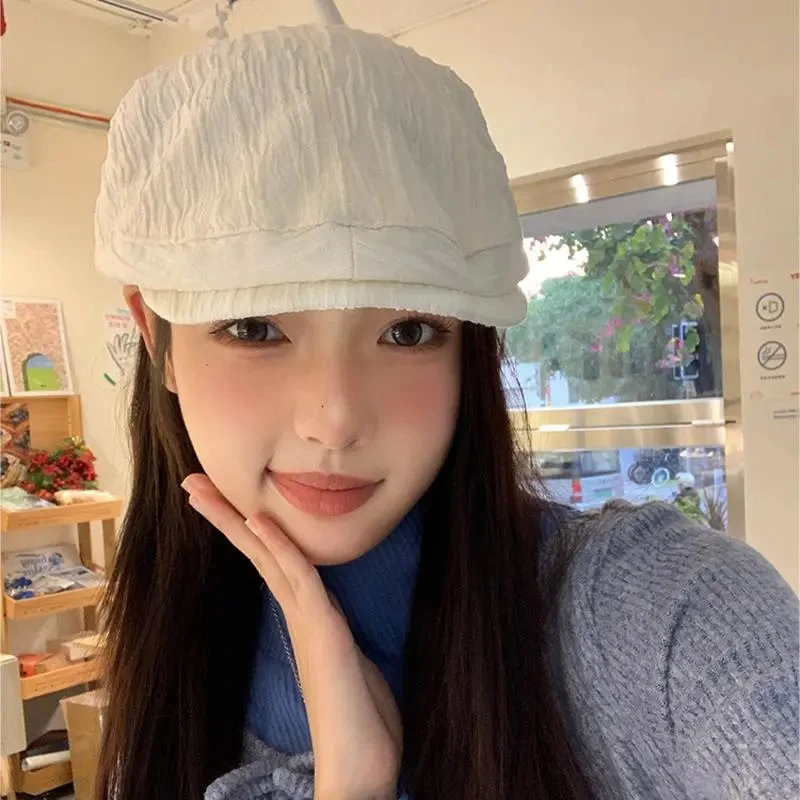 纯色气质前进帽文艺珠光复古英伦风画家帽鸭舌帽春秋新款潮复古帽