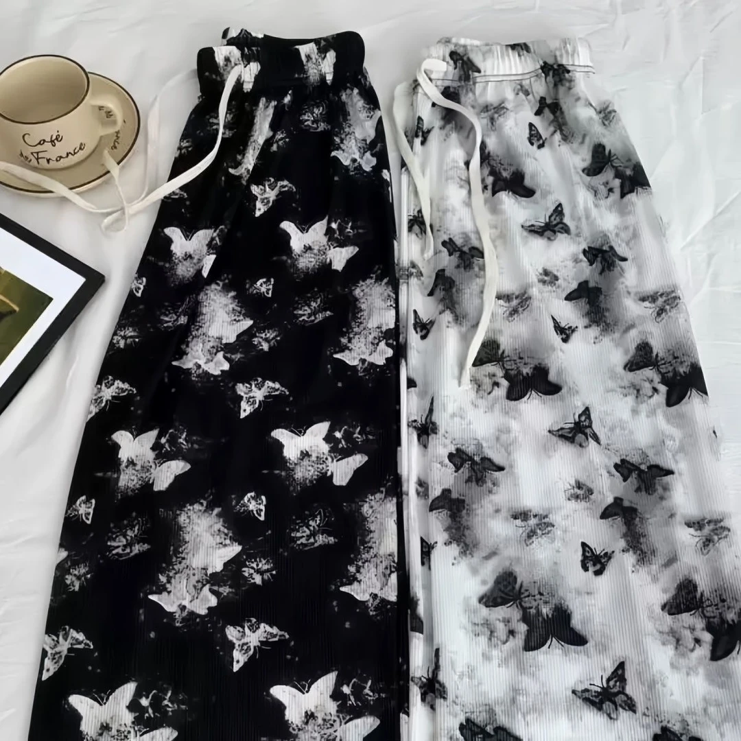 水墨新中式阔腿裤女夏季薄款高腰蝴蝶休闲直筒扎染国风冰丝防晒裤