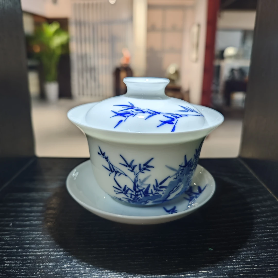 B34【人间瓷画】 镇山名窑-竹子三才盖碗
