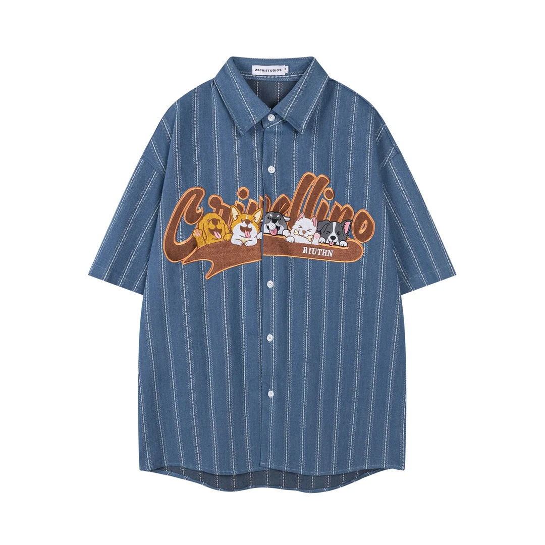 日系复古卡通竖条纹短袖衬衫夏季款宽松潮牌情侣衬衣