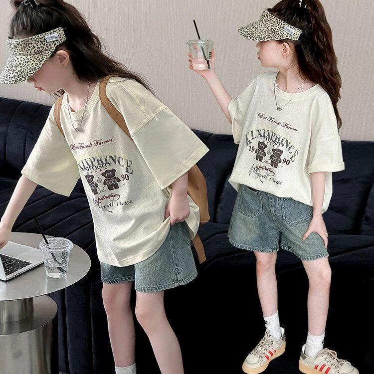 女童纯棉短袖T恤2025儿童新款夏装宽松T恤中大童时髦潮流韩版ins