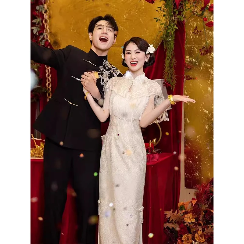 伊支zxb新中式旗袍敬酒服新娘订婚结婚礼服裙女香槟色高级感轻奢