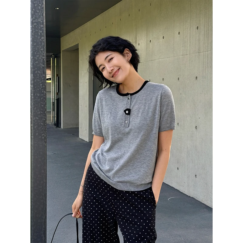 LANGQING 灰色圆领显瘦气质正肩休闲百搭短袖T恤44284#