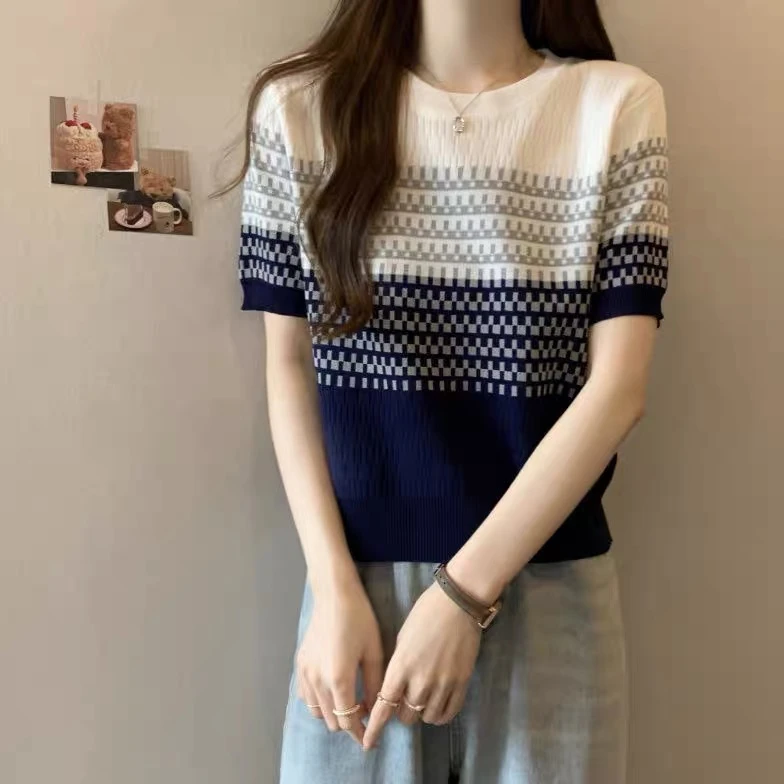 夏季薄款复古渐变色条纹短袖时尚t恤洋气显瘦宽松针织衫上衣9936