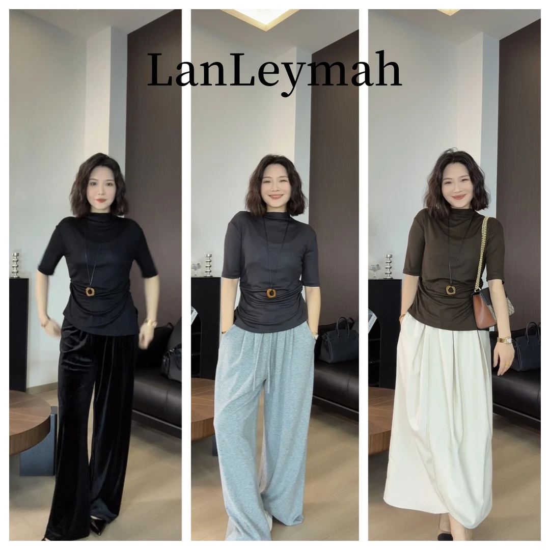 LanLeymah【半高领百搭T恤女】中袖弹力极简修身打底衫内搭收腰小衫