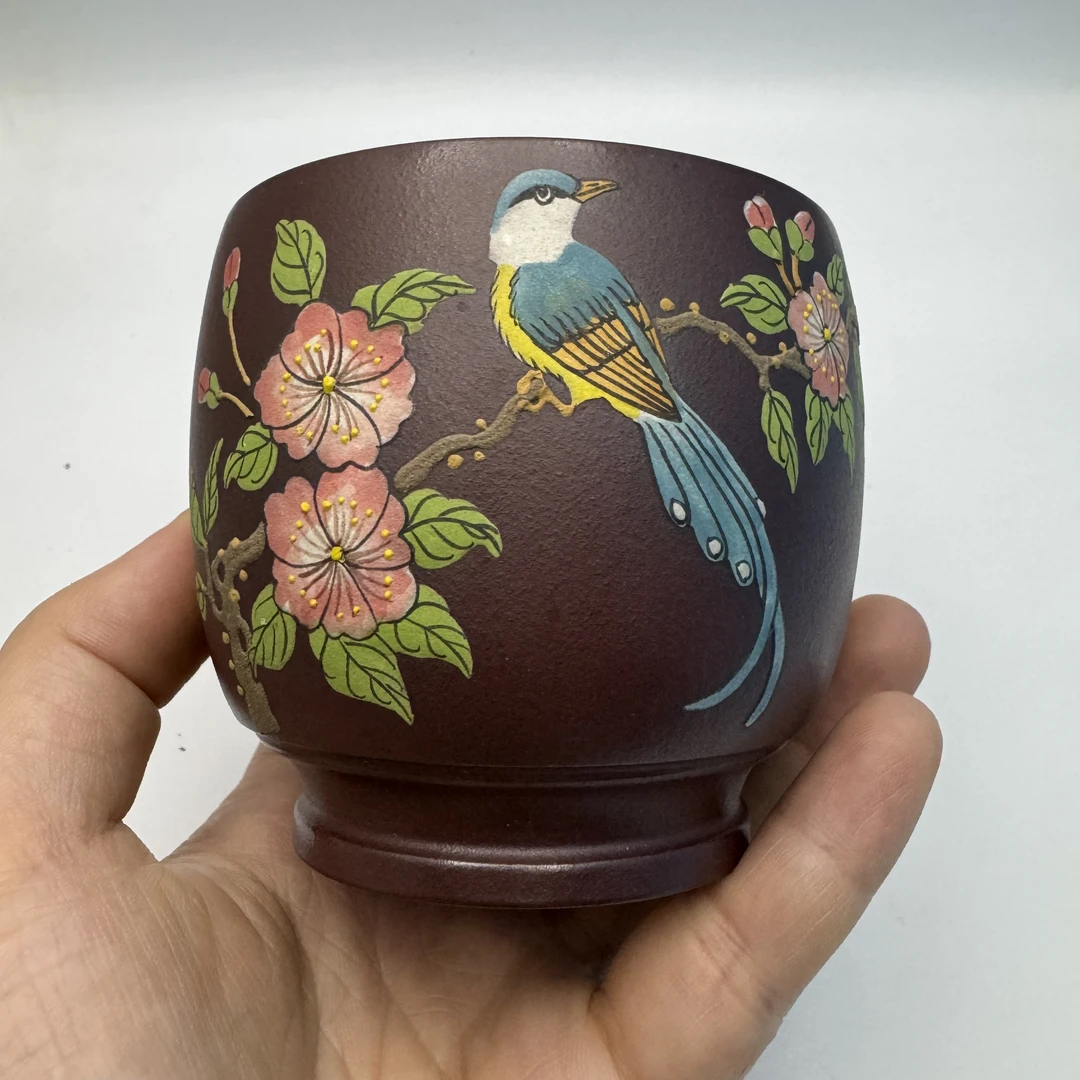 宜兴原矿紫砂主人杯全手工龙血砂泥绘喜上眉梢小鸟180cc