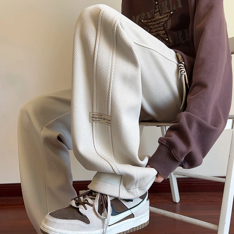 潮牌秋季大码宽松直筒裤华夫格裤子男春秋款运动休闲百搭阔腿卫裤