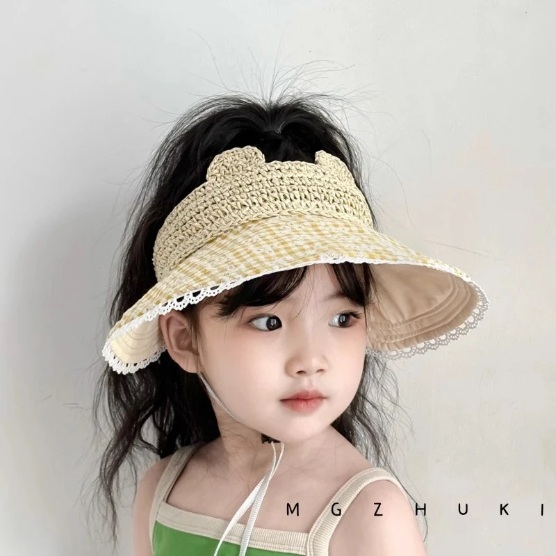 宝宝帽子春夏款空顶帽韩版洋气女中大童出游大檐防晒帽格子贝壳帽