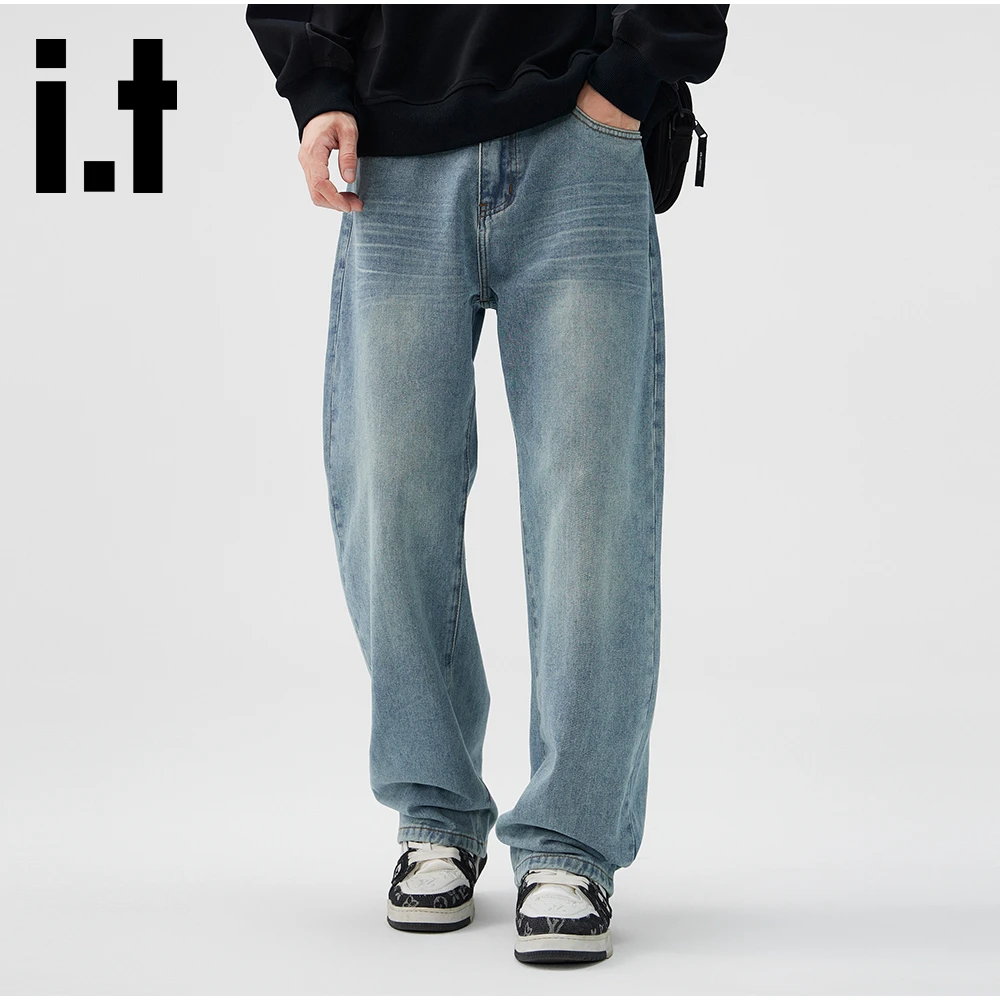 it:CHOCOOLATE水洗潮流猫须牛仔裤男2025秋季宽松直筒阔腿长裤子
