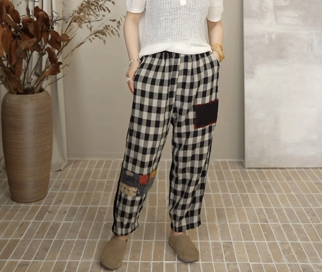 复古格子拼接绣线亚麻休闲裤女 夏季新款宽松百搭松紧腰九分裤