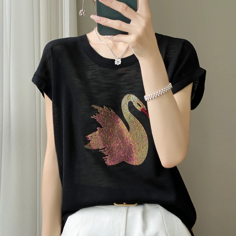 哥弟阿玛施正品新款天鹅烫钻短袖T恤衫上衣女简约百搭圆领洋气