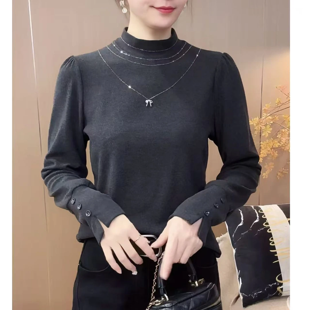 2025秋冬新款洋气慕斯双面绒烫钻保暖显瘦百搭纯色长袖T恤上衣女