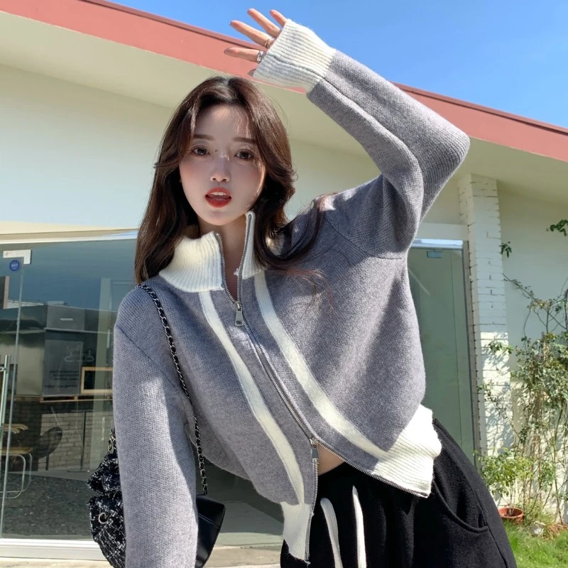 双向拉链针织开衫上衣女春秋洋气外穿设计感小众撞色高领毛衣外…