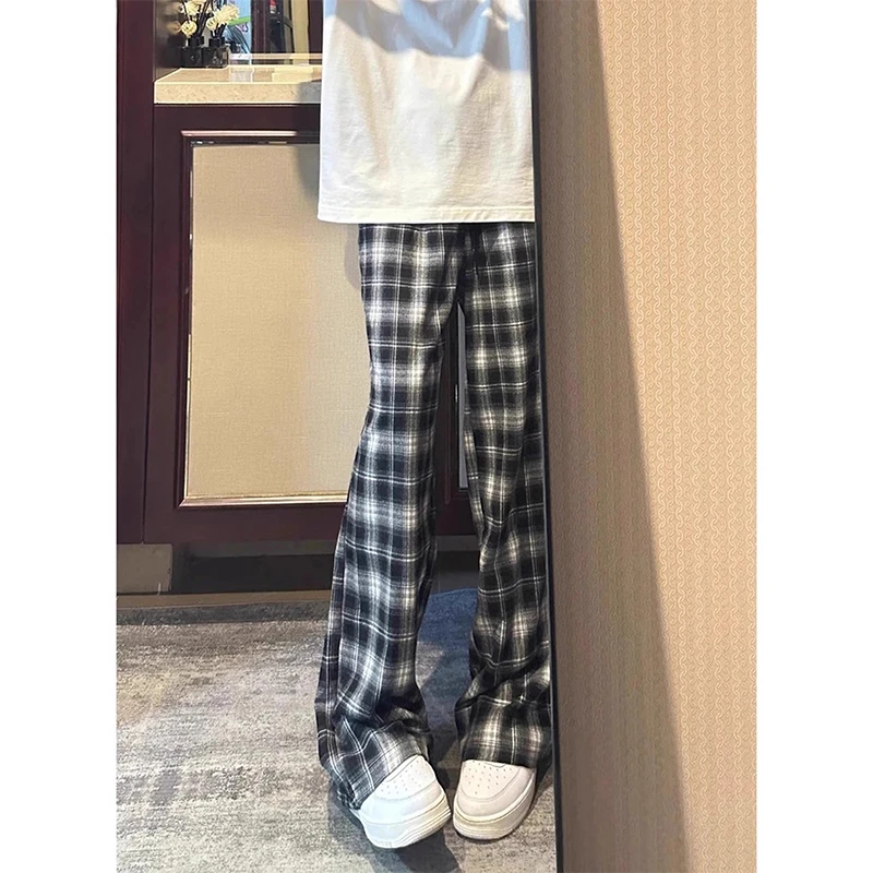 夏季简约黑白格子休闲裤男款薄款慵懒直筒裤hiphop美式宽松阔腿裤