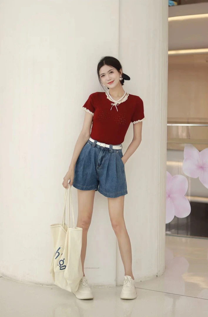 【海南简爱】圆领镂空蝴蝶结短袖短款修身显瘦针织衫上衣 1520