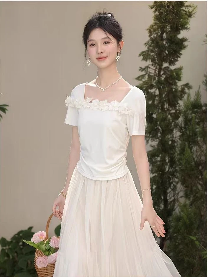 大码2025韩版设计感正肩短袖t恤女夏胖MM显瘦遮肚纯温婉大方衣服