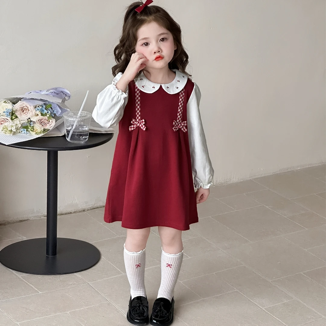 女童2025秋季新款时尚儿童甜美可爱风中小童翻领刺绣蝴蝶结连衣裙