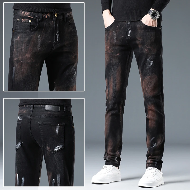ZONGJIE香港2025秋季痞帅油漆风牛仔裤男款修身显瘦黑色小脚长裤