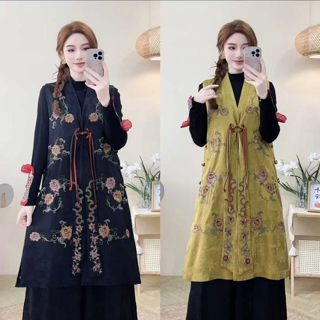 2025新款国风牡丹花刺绣中长款马甲317