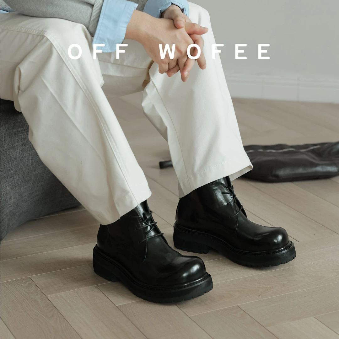 OFFWOFEE高级马皮真皮翘头男女中帮德比短靴秋冬内增高大头德比靴