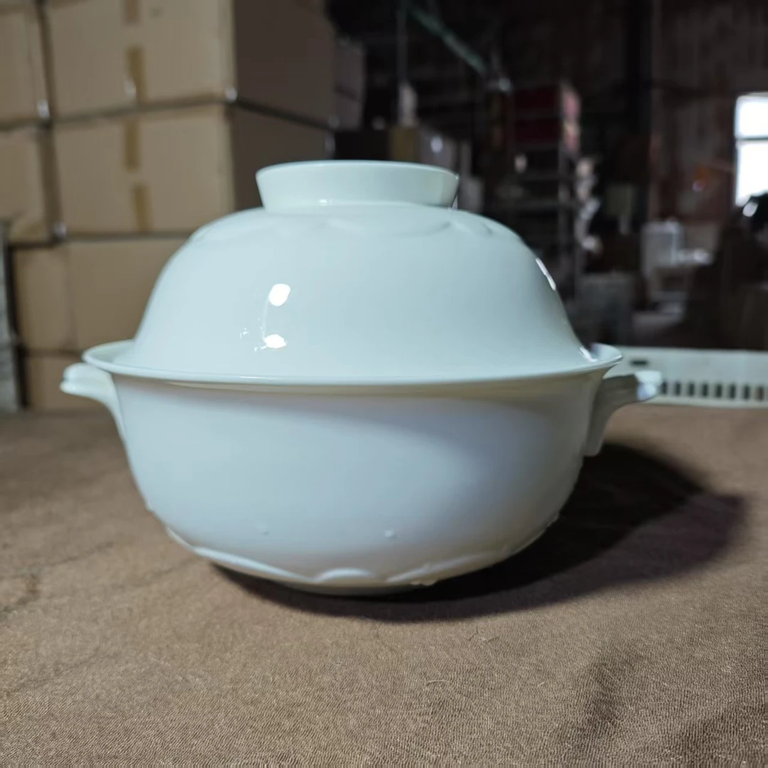 A216②】9寸双耳带盖花边品锅汤盆1只纯白唐山骨瓷