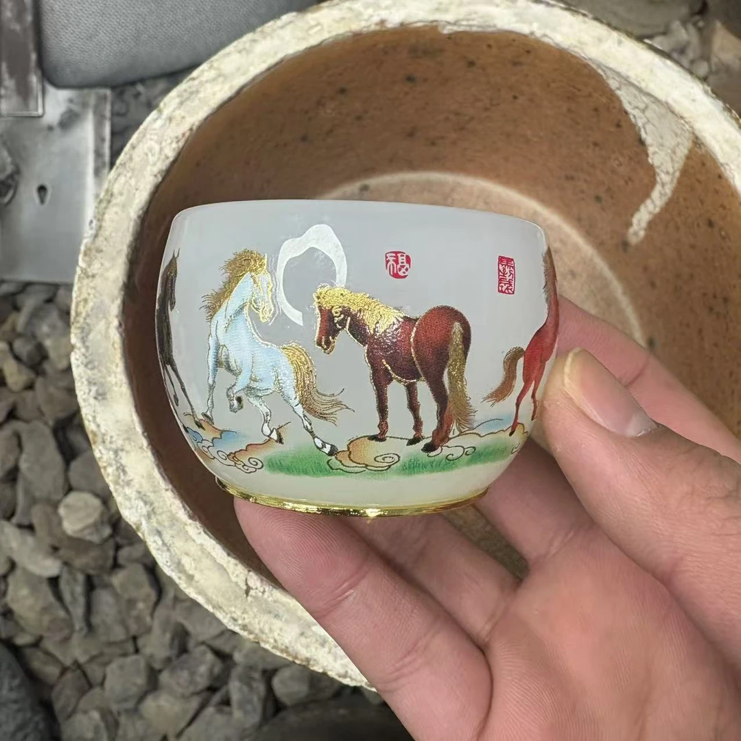 手工茶器 月光白八骏图琉璃杯